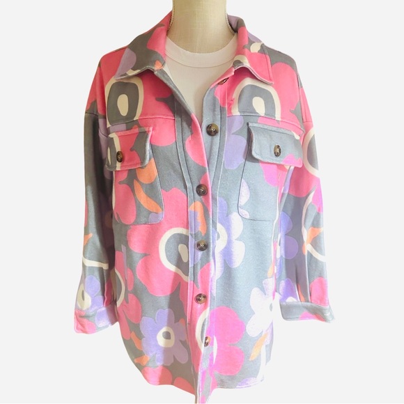 Shacket, Flannel Retro Grey Pink Floral 3X-Small Available! - Picture 3 of 8
